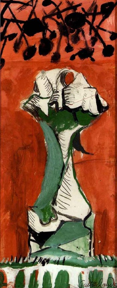 Standing form against red background by Graham Sutherland