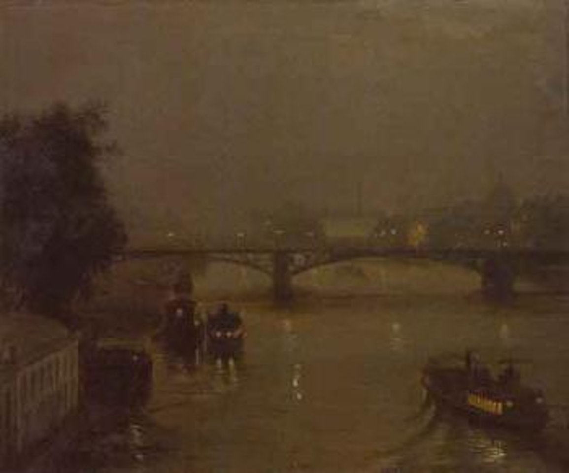 Parisian nighttime scene of the Seine by Luigi Loir