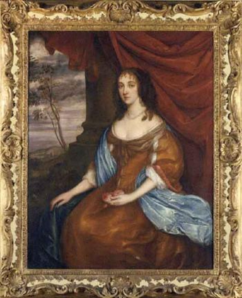 Portrait of a lady, seated in a gold dress with blue shawl in a landscape by Sir Peter Lely