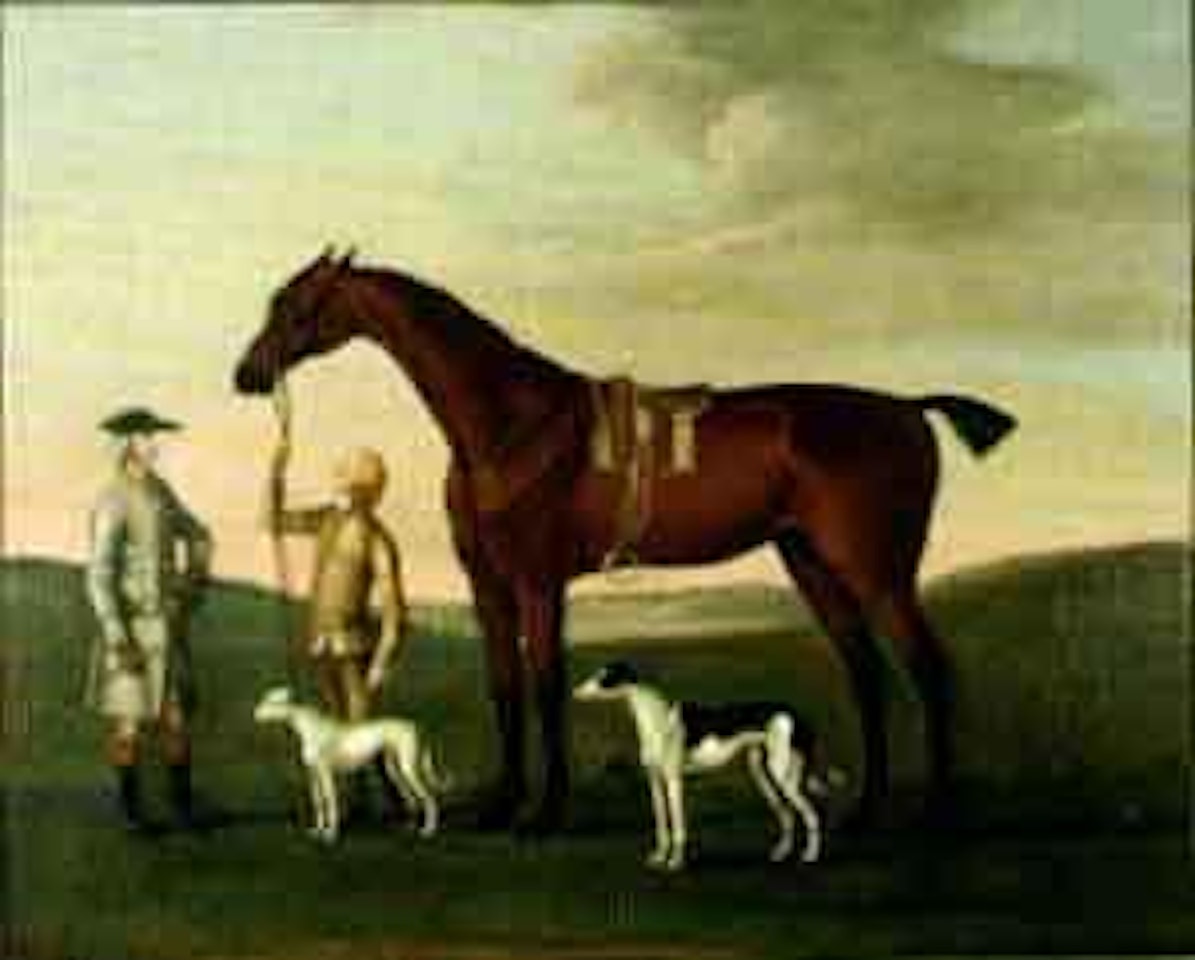Landscape with a bay hunter held by a groom, gentleman and greyhounds by John Wootton
