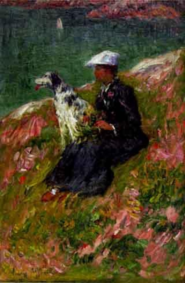 Femme assise au setter devant la mer by Henry Moret