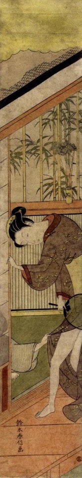 Young girl on a veranda holding a fan with a man trying to pull open her bathrobe by Suzuki Harunobu