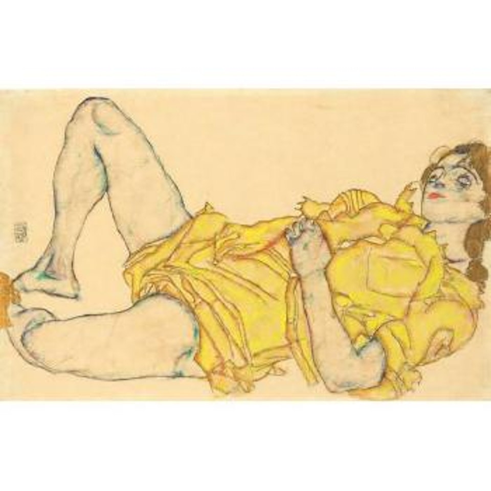 Reclining woman in yellow dress by Egon Schiele