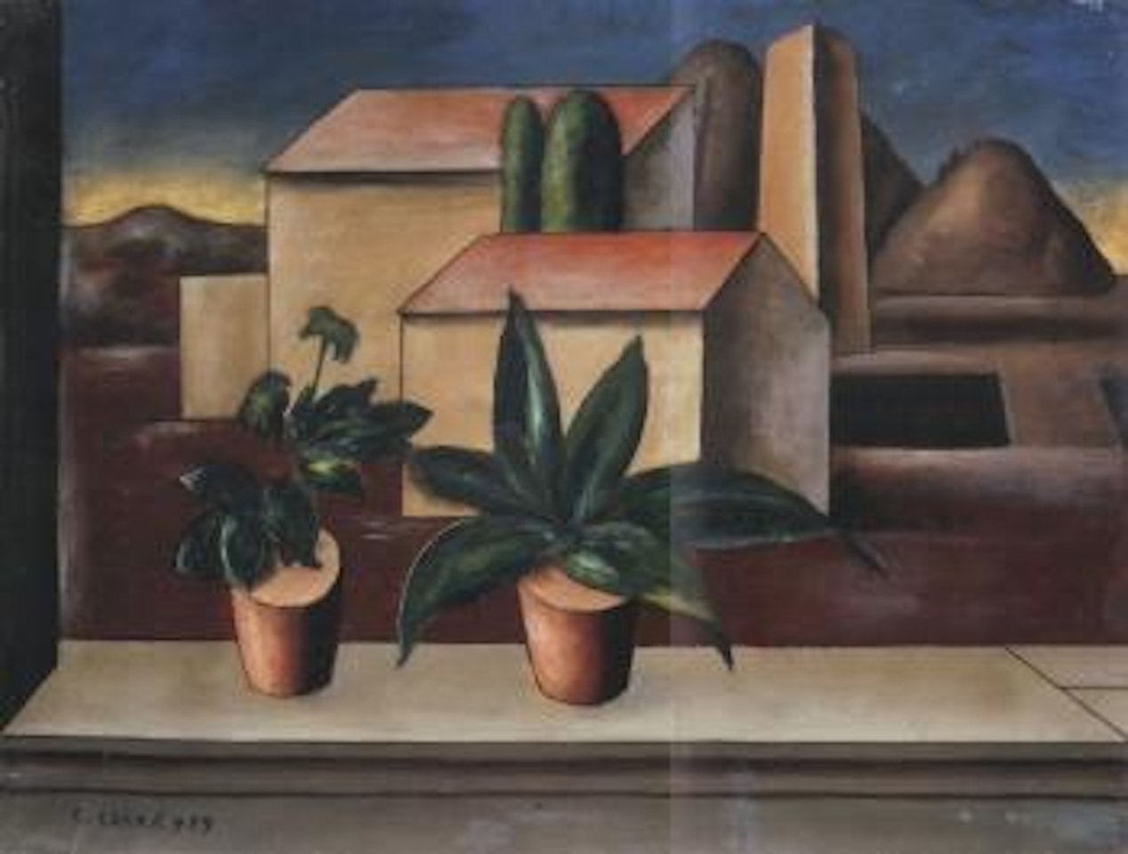 Vases on window ledge by Carlo Carra