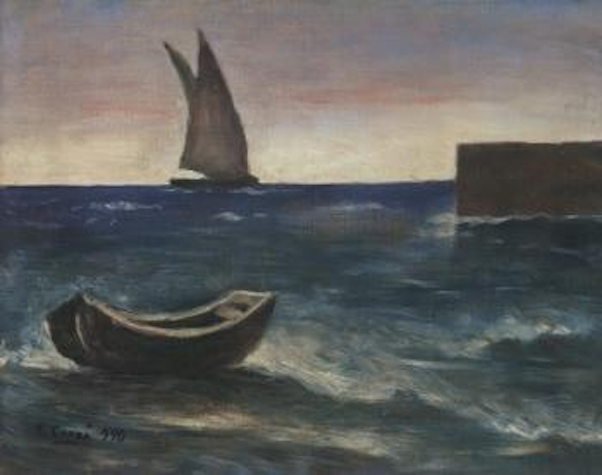 Seascape with boat and sailing boat by Carlo Carra