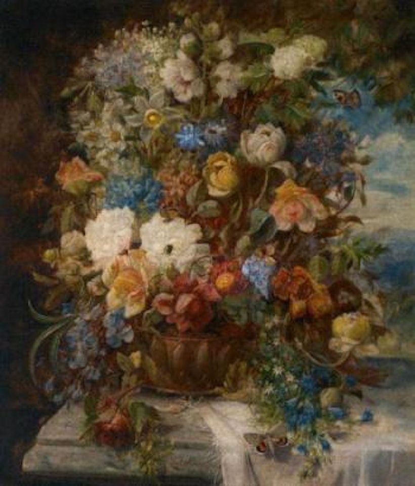 Summer flowers on a ledge, landscape beyond by Hans Zatzka