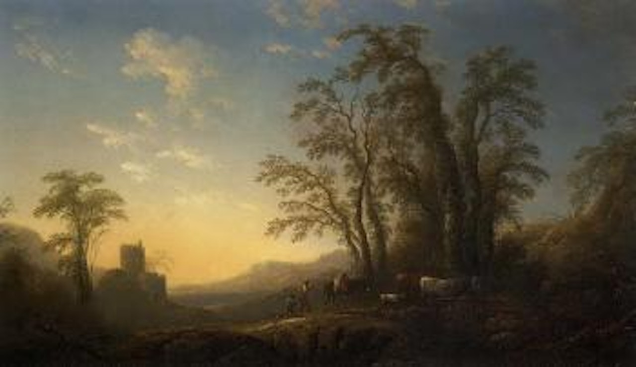 Extensive wooded landscape with cowherds and cattle by English School