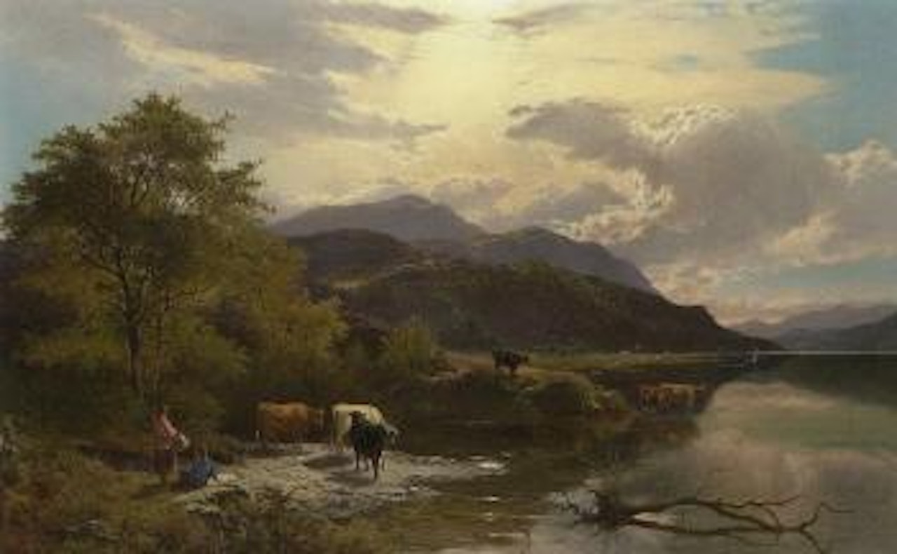 Mountain landscape with figures and cattle by a lake by Sidney Richard Percy