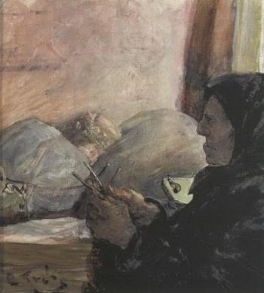 Interior scene with woman in a fisherman's cottage at Skagen by Christian Krohg