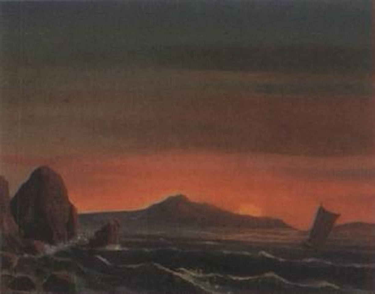 Sailing vessel at sunset off coast by Anton Melbye