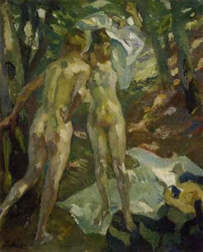 Two female nudes in wood by Leo Putz