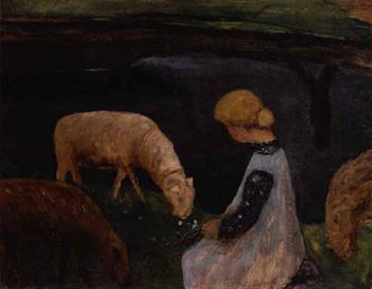 Seated girl with sheep in meadow I by Paula Modersohn-Becker