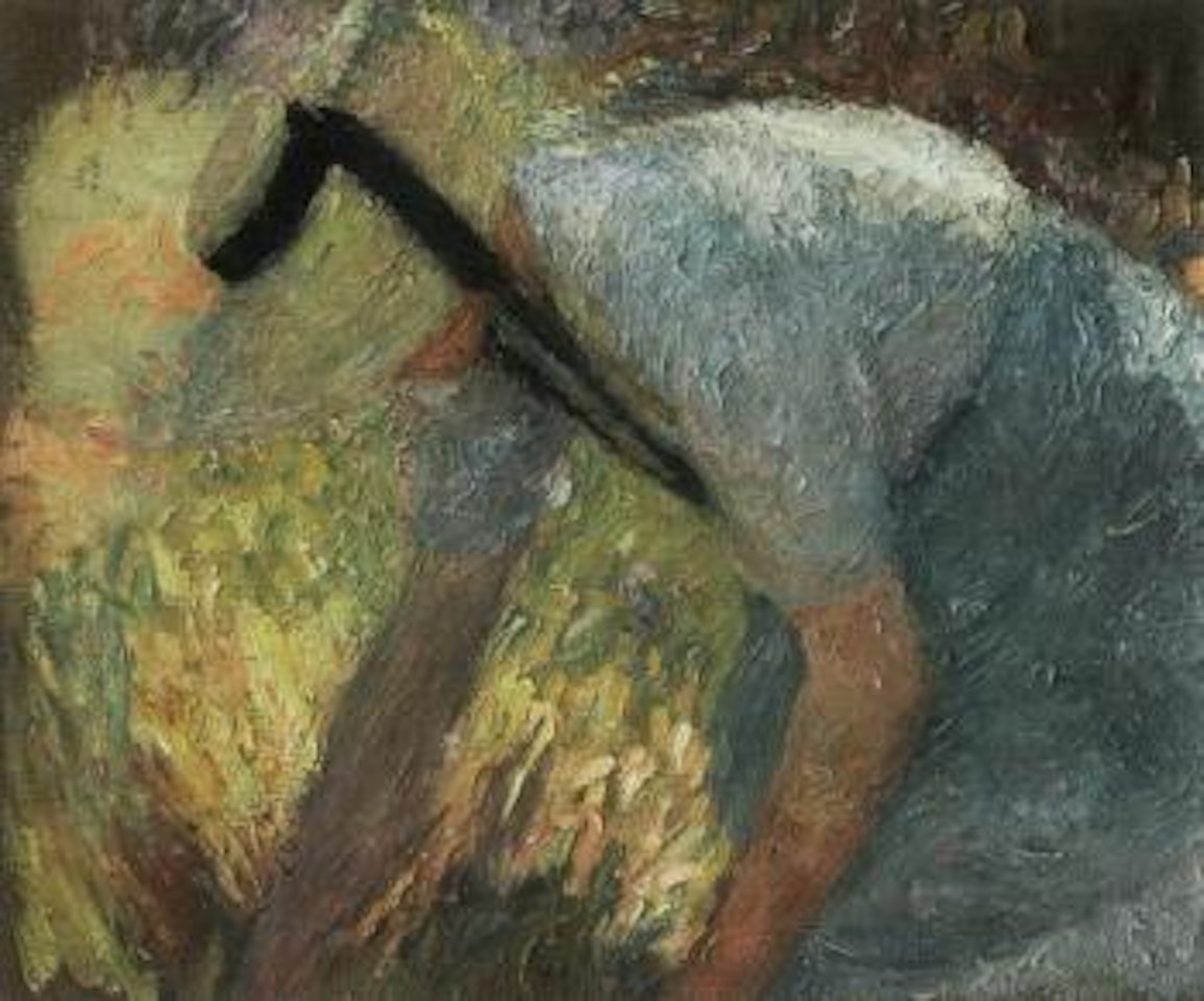 Femme en tablier bleu et chapeau de paille, ramassant une gerbe by Henri Jean Guillaume Martin