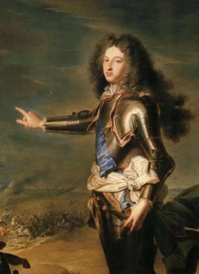 Portrait of Louis de France, Duc de Bourgogne in armour, battlefield beyond by Hyacinthe Rigaud
