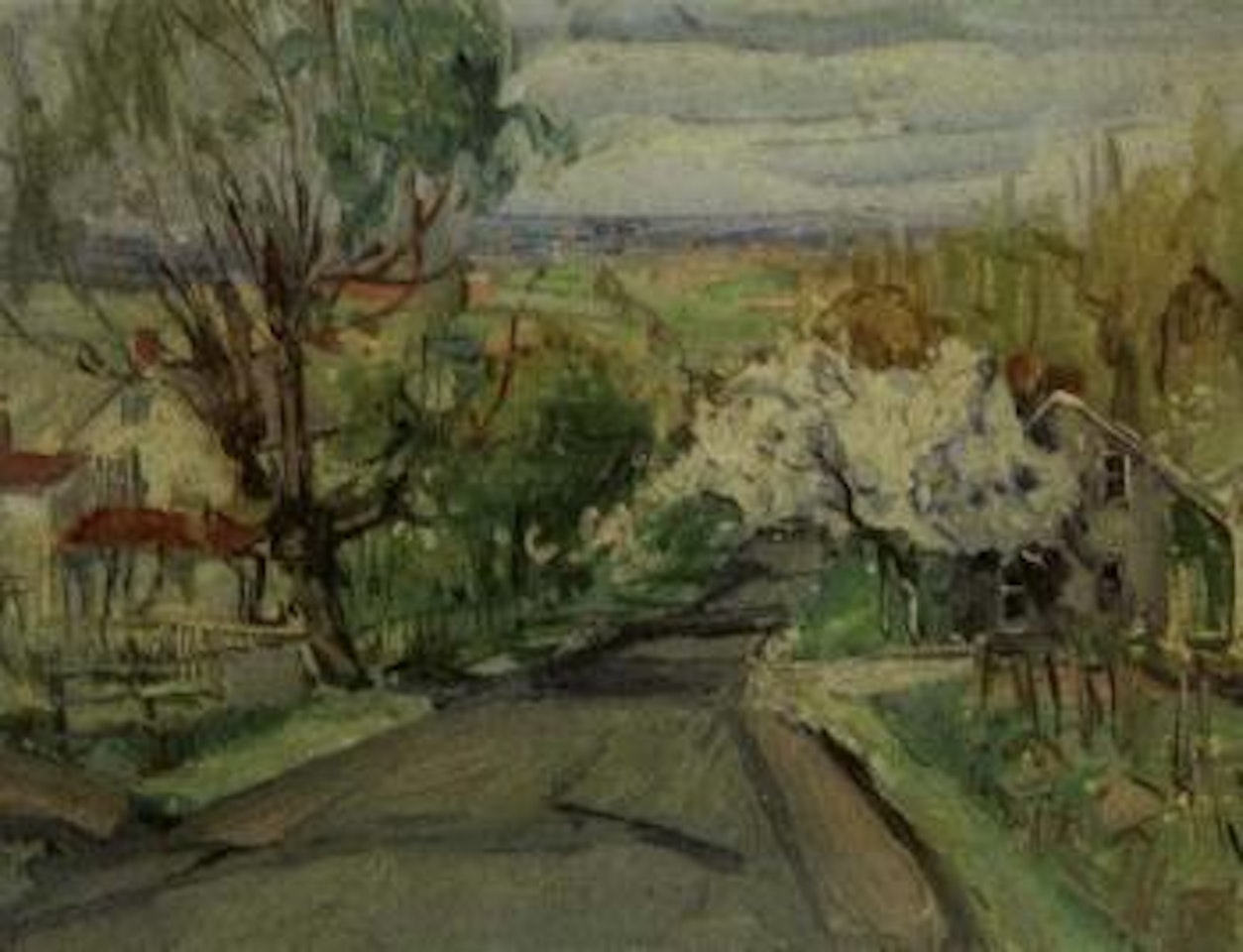 Spring landscape with roadside building in the distance by Walter Emerson Baum