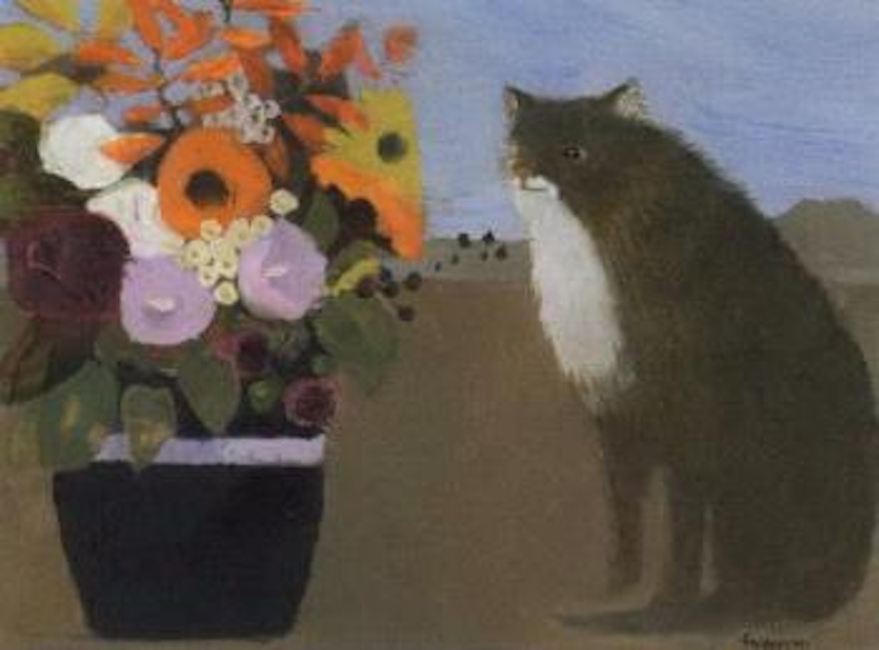 Cat with a vase of flower by Mary Fedden