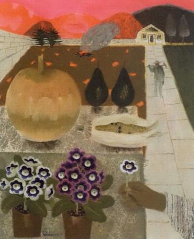 Potted polyanthus, avocados, corn cob on a garden wall by Mary Fedden