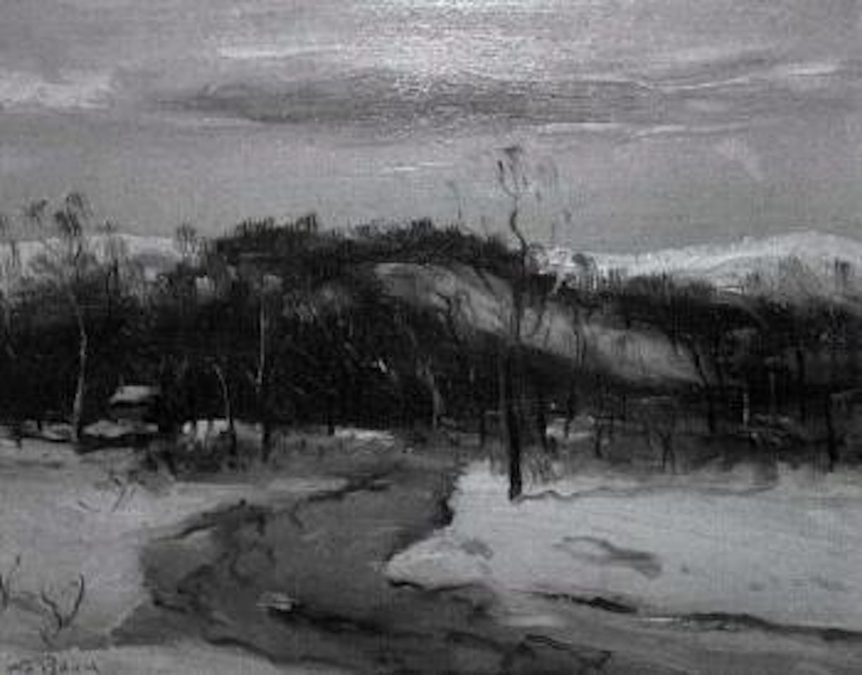 Winter landscape with a brook in foreground by Walter Emerson Baum