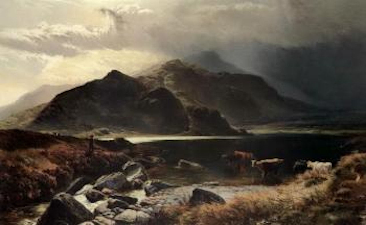Landscape with cattle watering by Sidney Richard Percy