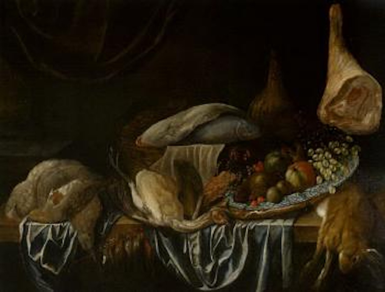 Still life of dead game and plate of fruit by Adriaen van Utrecht