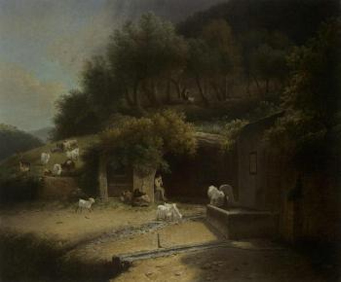 Wooded hilly landscape with a shepherd resting in a grotto by August Knip