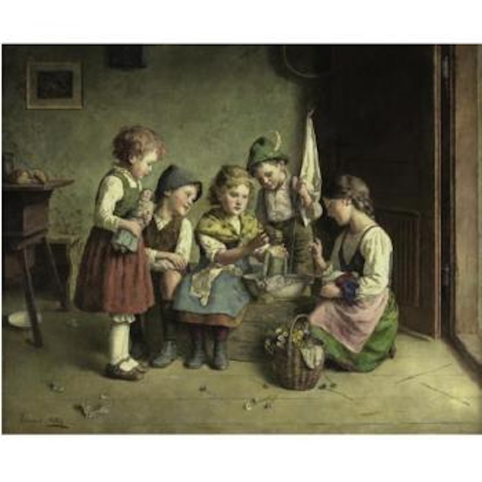 Dressing up a little doll by Edmund Adler