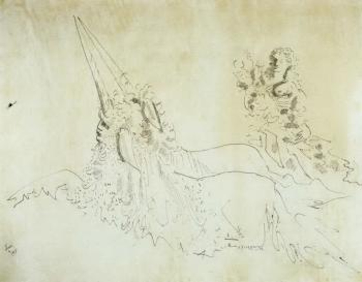 Licorne couchee, une femme tenant une corne d'abondance derriere elle by Jean Cocteau
