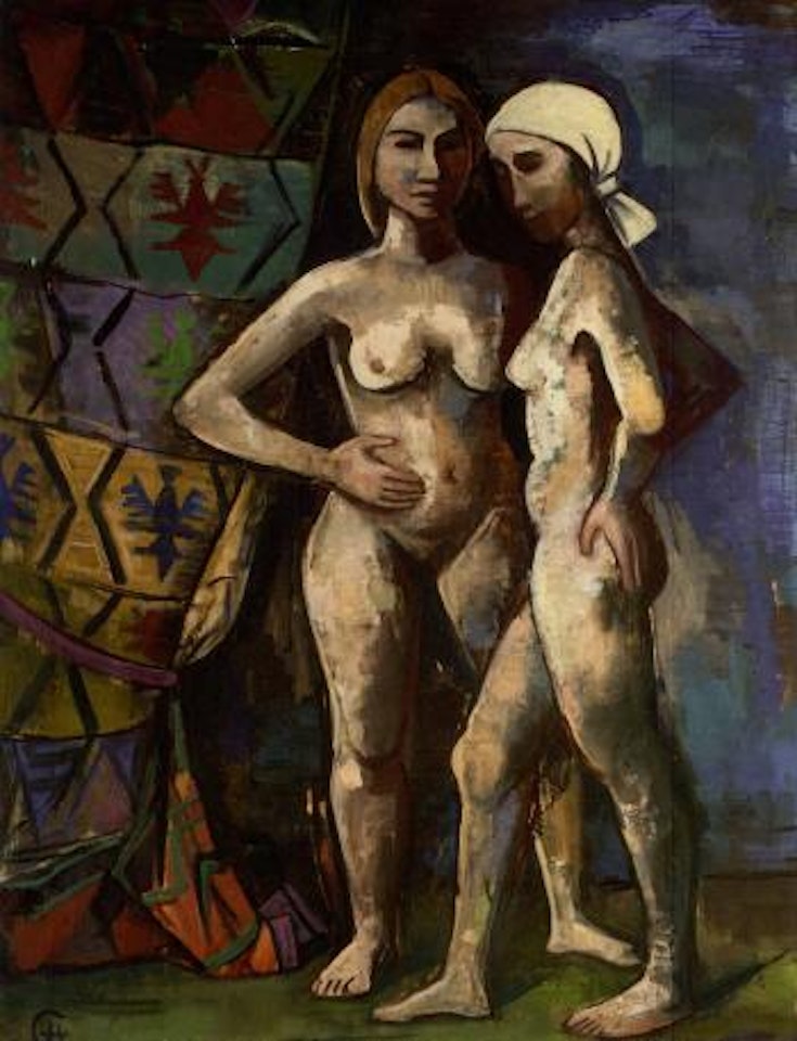 Zwei Madchen, Akte, vor einem Vorhang - Two young nudes in front of a curtain by Karl Hofer