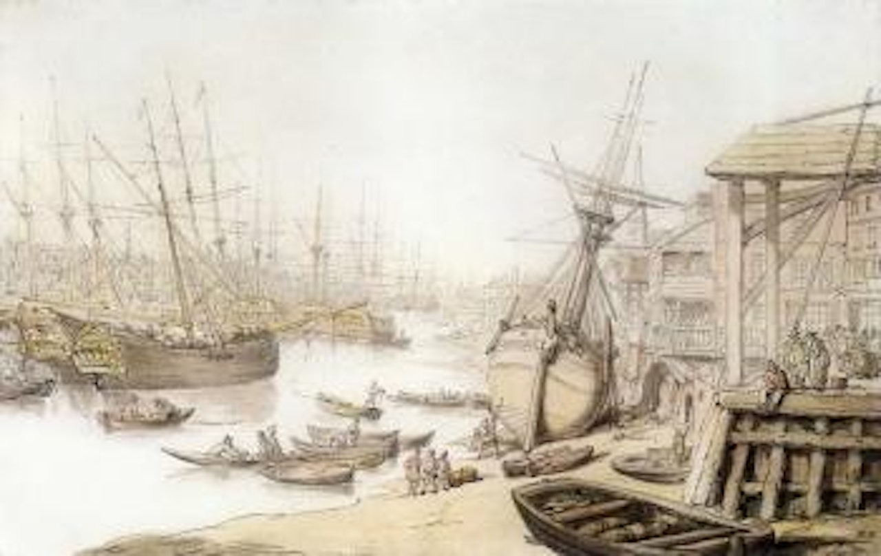 View on the Thames with numerous ships and figures on the wharf by Thomas Rowlandson