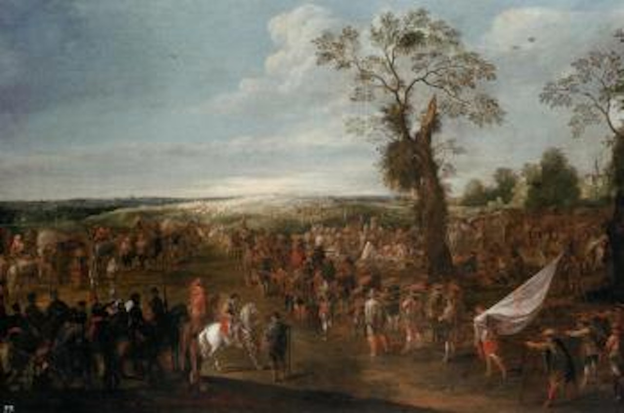 Troops maneuvering in an extensive landscape by Cornelis de Wael