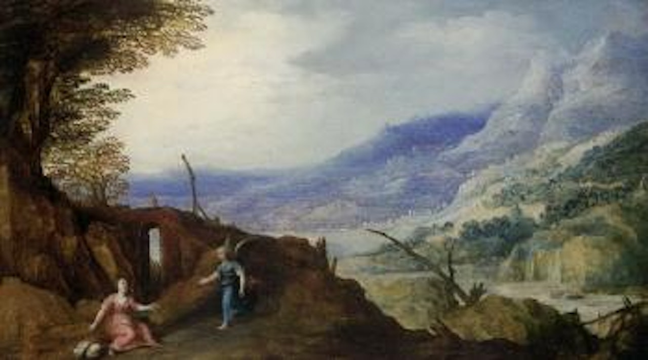 Extensive mountainous landscape with an angel appearing to Hagar by Joos de Momper the Younger