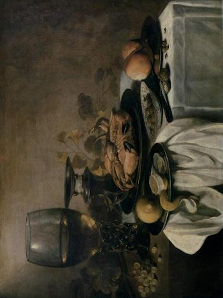 Crab on a pewter plate, a roemer, partly-peeled lemon on a partly draped table by Pieter Claesz