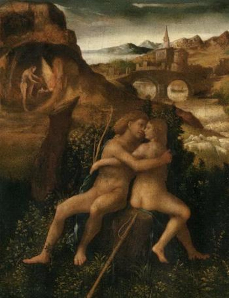 Venus and Mars in a river landscape with Vulcan labouring in his forge by Venetian School