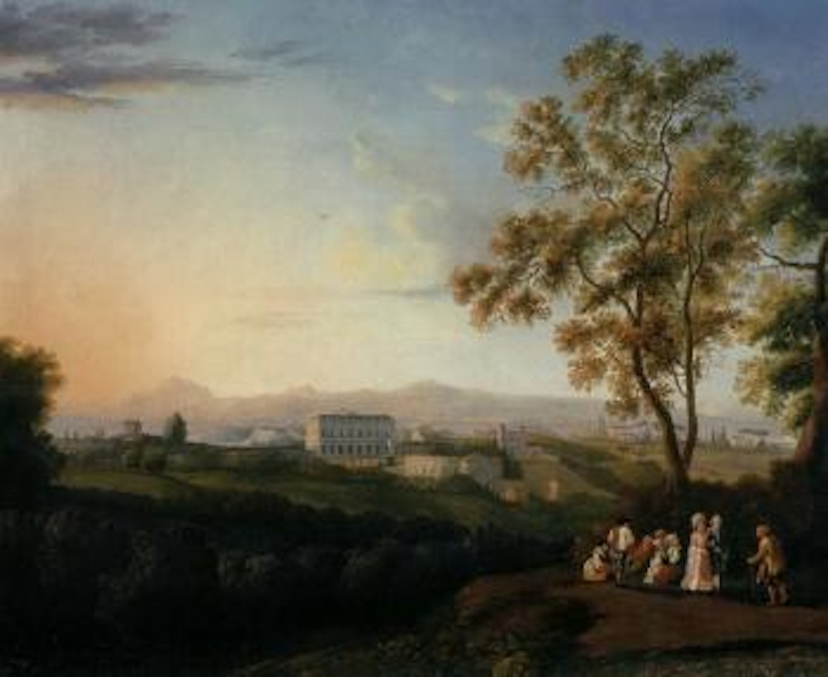 View of the Villa Albani, Rome from the Patrizi Villa, with peasants, an elegant couple in foregroun by Jacob Philipp Hackert
