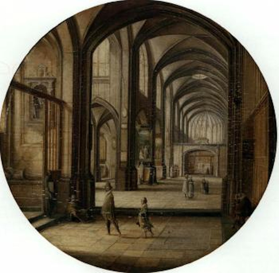 Interior of a cathedral with gentlemen and beggars by Hendrik van Steenwyck the Younger