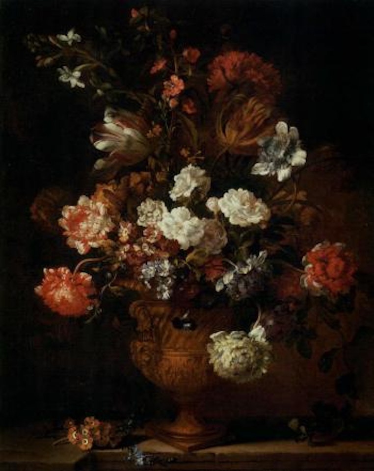 Parrot tulips, chrysanthemums and other flowers on stone ledge by Jean Baptiste Monnoyer