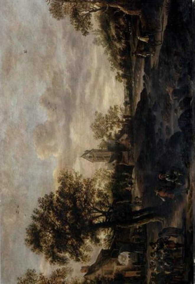 River landscape with travelers and elegant figures near a village by Jan van Goyen