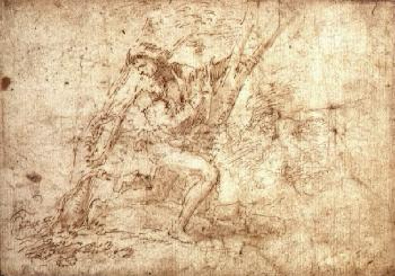 Man between two trees in landscape by Salvator Rosa