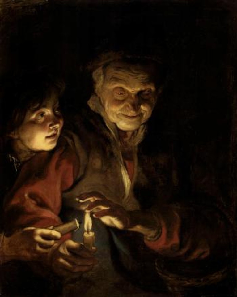 Night scene with old lady holding basket and candle by Peter Paul Rubens