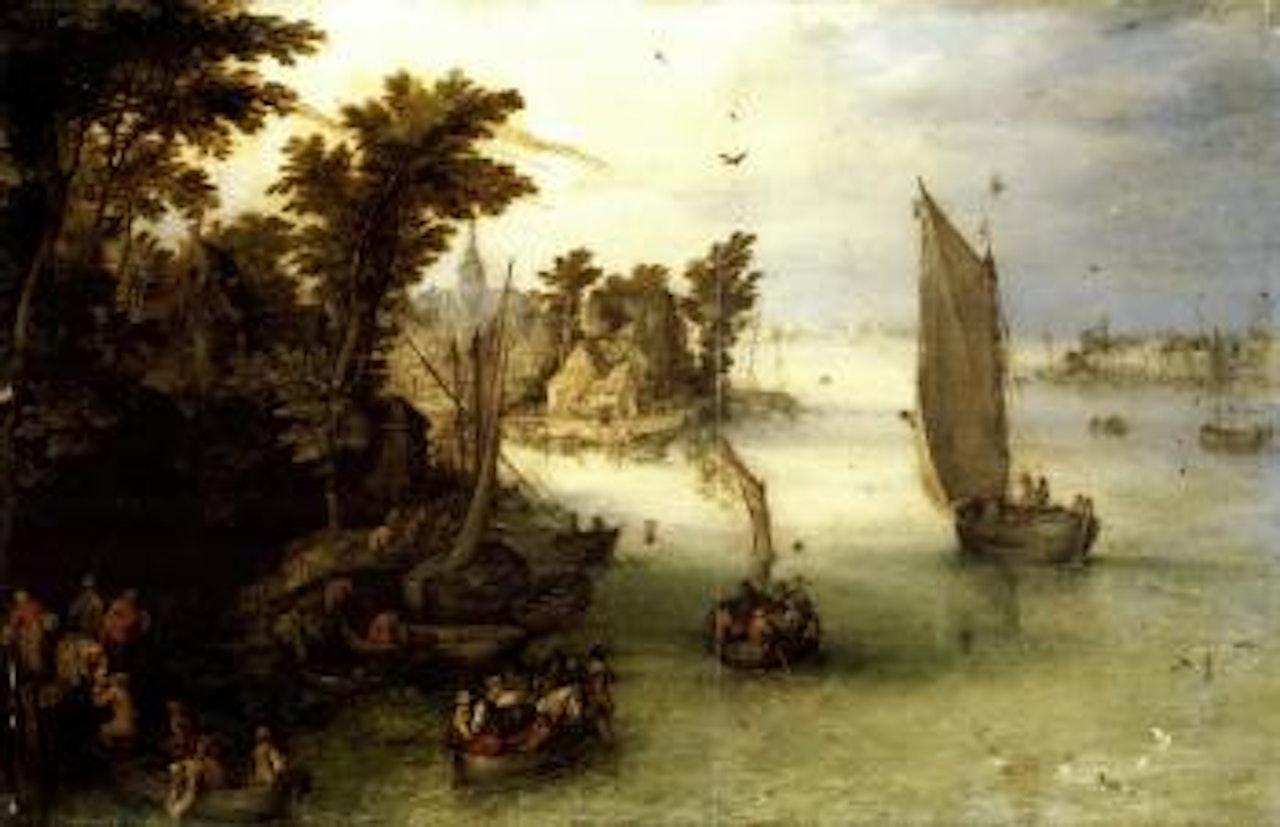 River scene with boats unloading at quay by Jan Brueghel the Younger