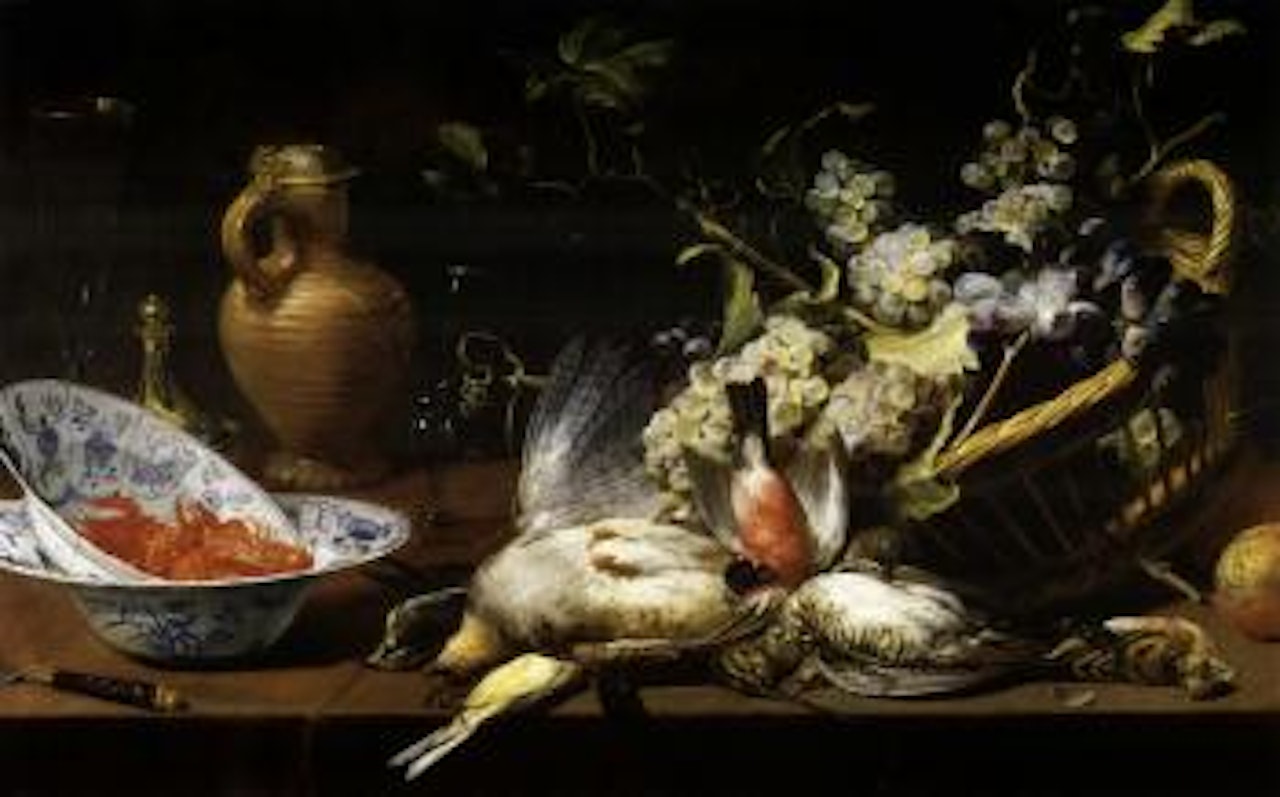 Still life of fruit with bowls and sparrow by Frans Snyders