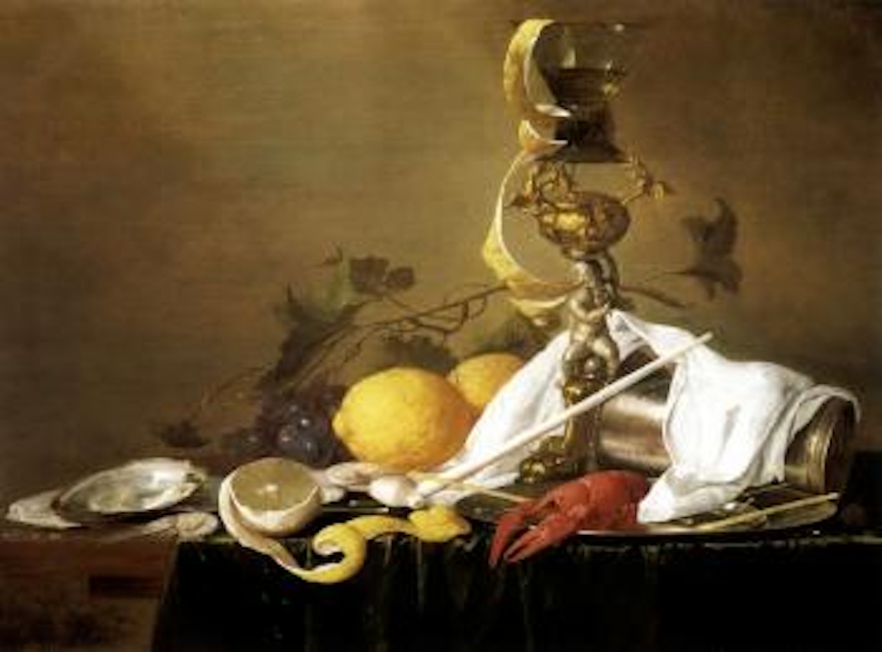 Still life of wine glass on parcel-gilt stand, beaker and lobster, clay pipe and lemons by Jan Davidsz de Heem