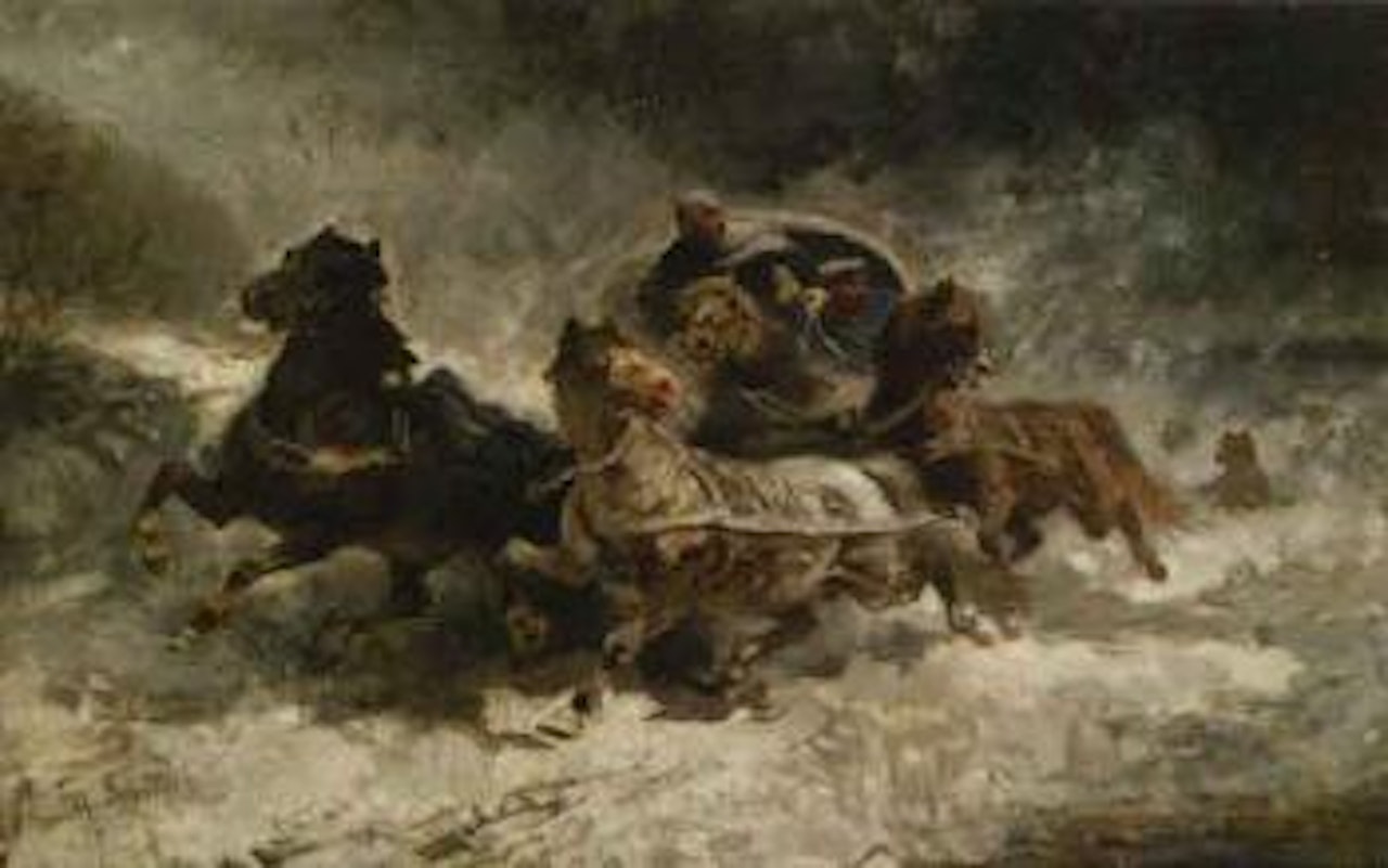 Chevaux emballes dans la neige by Adolf Schreyer