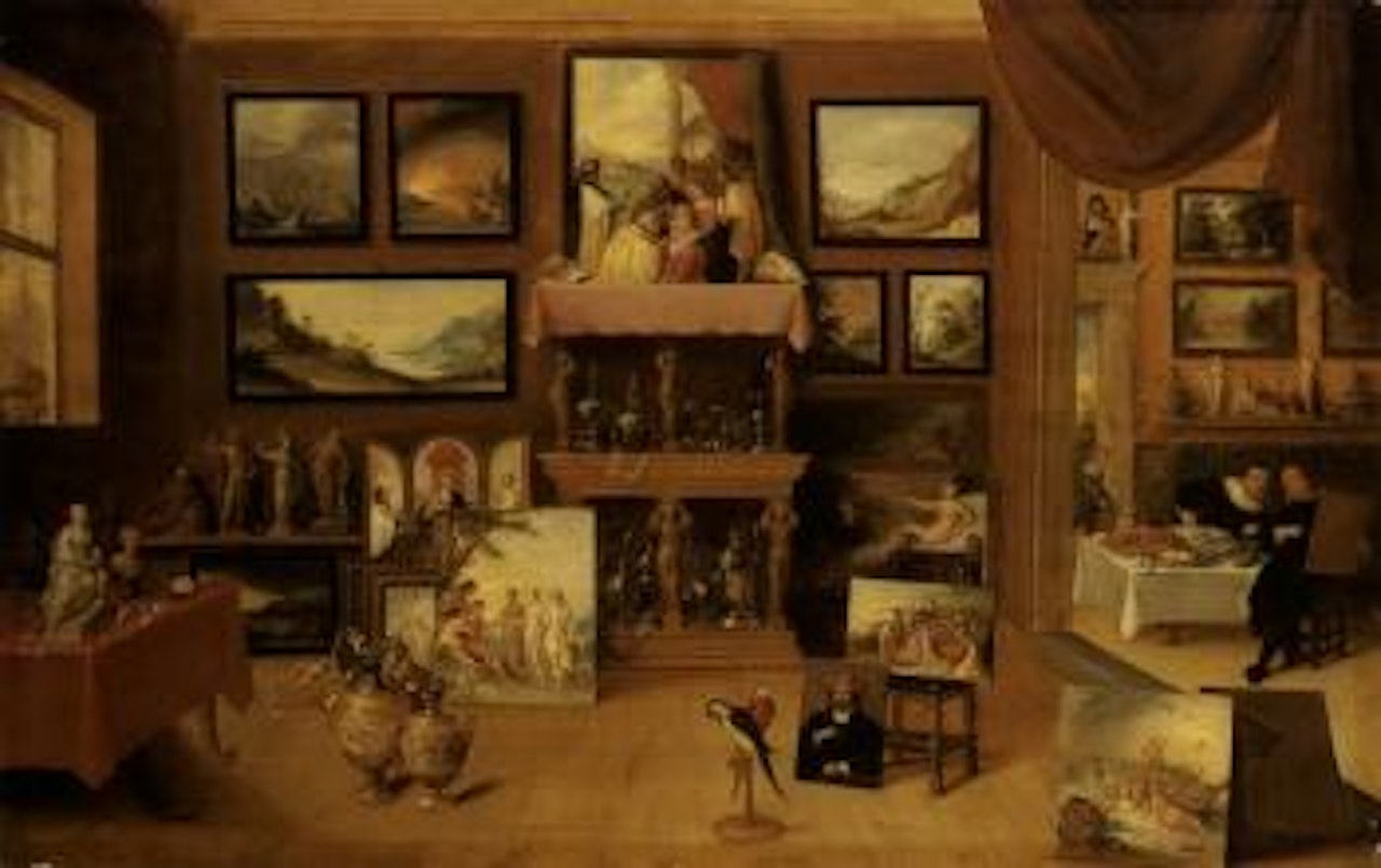 Two collectors having lunch in an art gallery by Frans Francken II