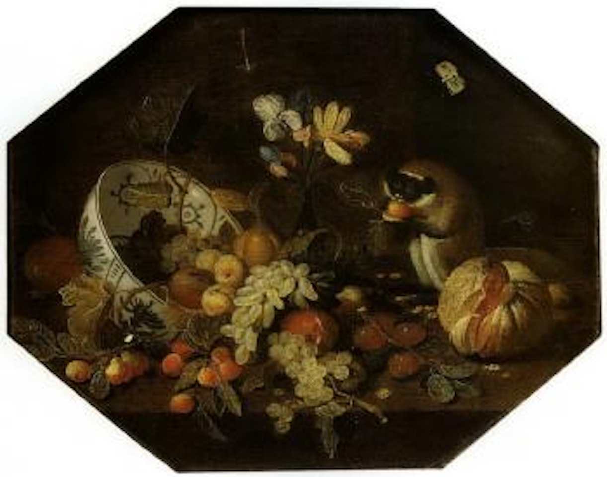 Still life with bowl of fruit and little monkey by Jan Van Kessel The Elder