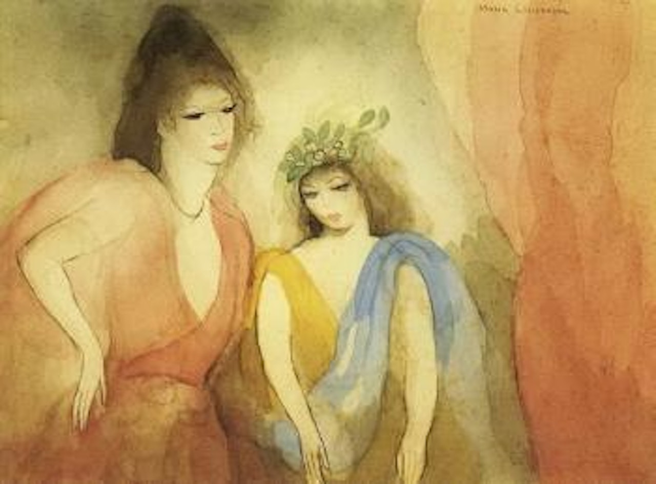 Jeune femme et jeune fille aupres d'un rideau rose by Marie Laurencin