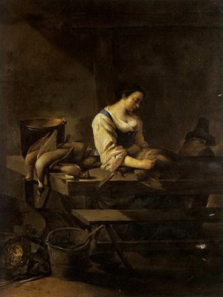 Jeune femme plumant une volaille dans un interieur de cuisine by Jean Tassel