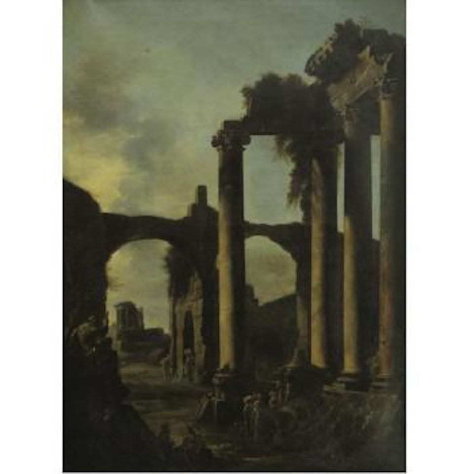 Architectural capriccio with figures among ruins by Spanish School