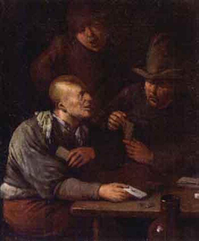 Interior with two Boors playing cards by Egbert van Heemskerk III