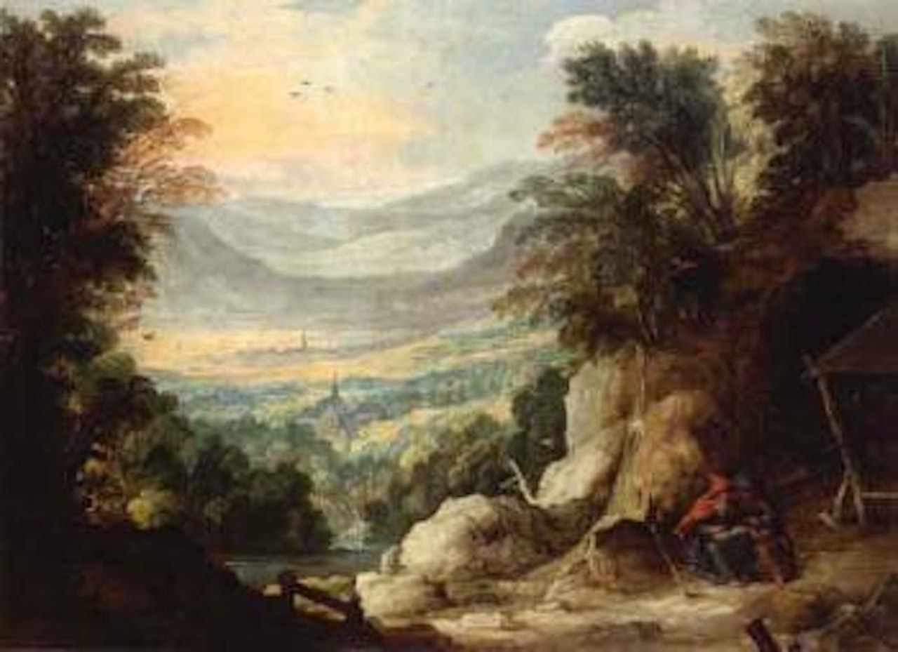 Extensive mountainous landscape with two hermits reading in the foreground by Joos de Momper the Younger